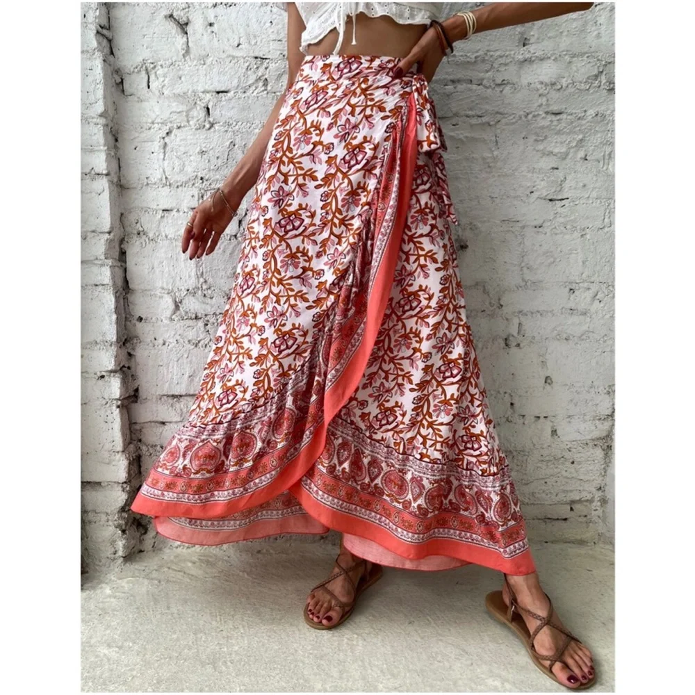 Boho Blue Floral Print Ruffle Wrap maxi Skirt - Picture 5 of 10